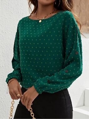 Women's Emerald Green Long Sleeve Button-Sleeve Blouse - Classic Crew Neck
